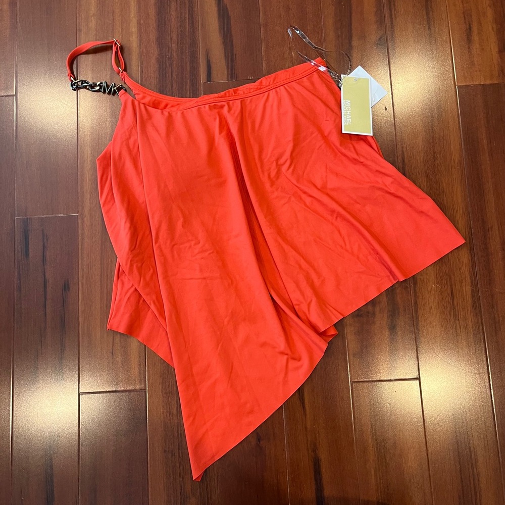 Michael Kors Tankini Swim Top Ruby Orange‎ Red One Shoulder Chain Strap New XS